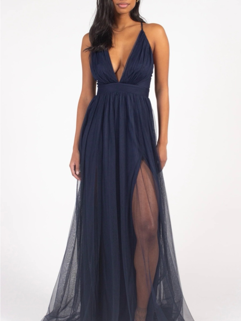 Deep Navy Plunge V-Neck Tulle Maxi Dress